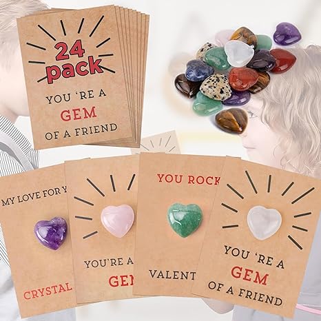 Pradory Valentines Day Gifts for Kids,24 Pack Valentines Crystals Cards,Valentine Gift Exchange Heart-Shape Crystals for Boys Class Classroom School Valentines Day Party Favor