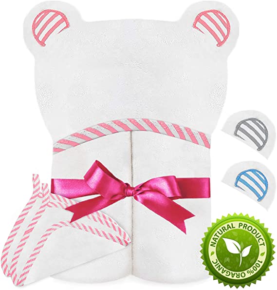 Spiny Babbler Organic Bamboo Hooded Baby Towel with 2 Washcloths - Large Baby Hooded Towel for Newborn, Infant & Toddlers - Perfect Soft Baby Towel for Boys and Girls (Pink)