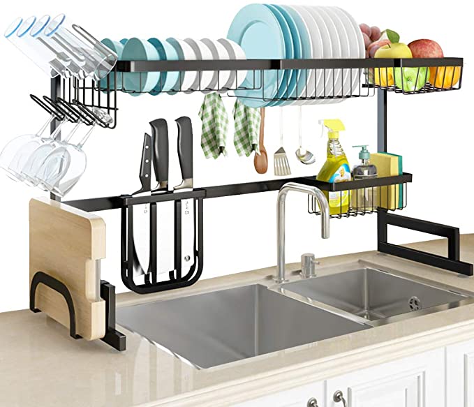 Full Size Dish Rack, Adjustable Sink Rack Dish Drainer (for 33”- 41”), Sturdy Stainless Steel Space Save Rack, Over The Sink Shelf Storage Rack, Black