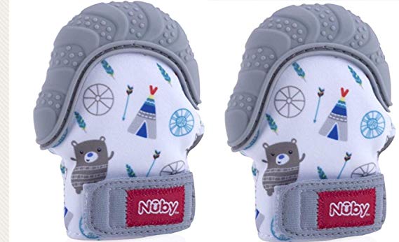 Nuby Soothing Teething Mitten with Hygienic Travel Bag (Grey Bear), 2 Pack