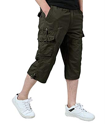 Leward Men's Casual Twill Elastic Cargo Shorts Loose Fit Multi-Pocket Capri Long Shorts
