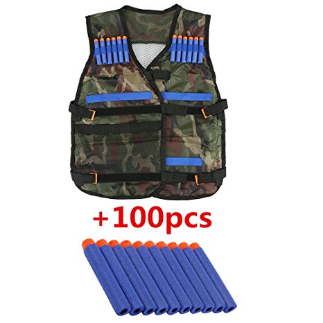 Top Home Dec Kids N-Strike Elite Camouflage Tactical Vest Kit Adjustable with Storage Pockets   100 Pcs Refill Gun Bullet