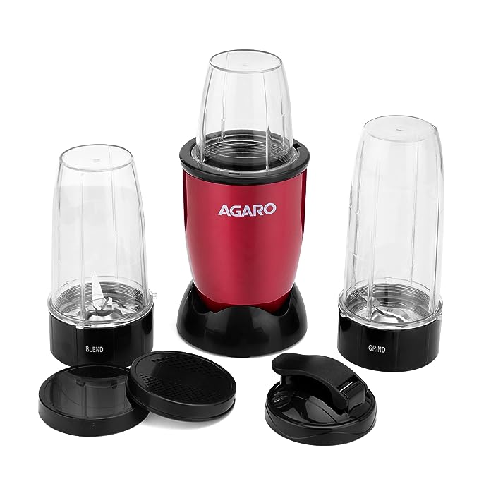 AGARO Regal 3 Jar Personal Blender, 400W, Serrated and Cross Blade with Detachable Base, Mixer/Grinder/Smoothie/Juice Maker, Red & Black
