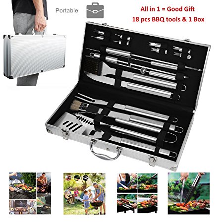 Portable BBQ Tools Set Kits 19 Piece Include Storage Box, Grilling Accessories Brush Parts Stainless Steel Barbecue Utensils Aluminum Gift Case, Outdoor Backyard Beach Camping Grilling Accessories