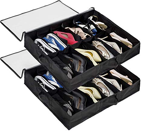 Surblue 12 Pairs Under Bag Shoe Organizer Storage Bag Size 2 Pair (Black)