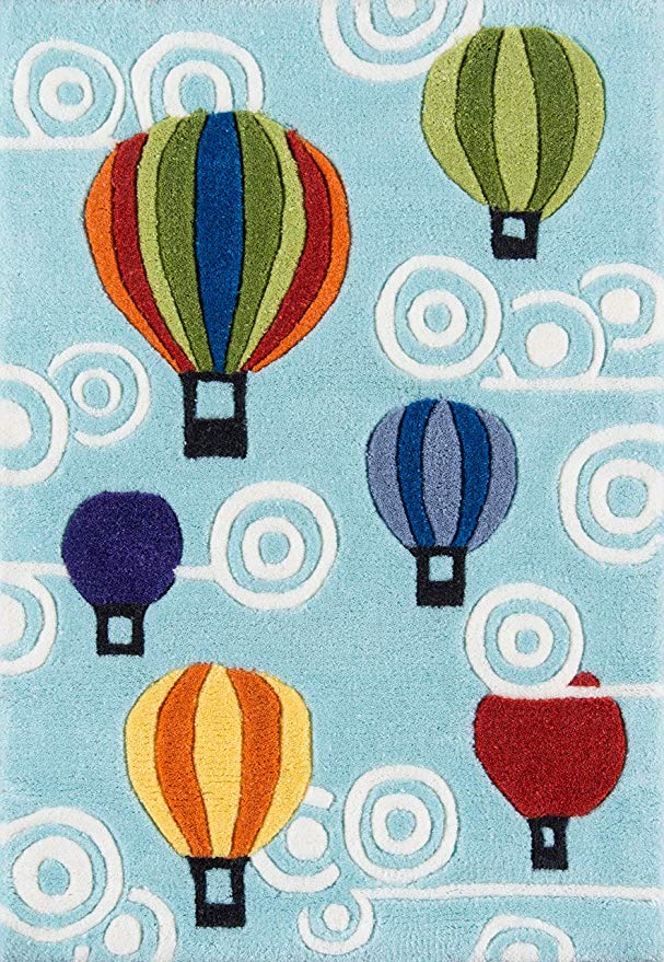 Momeni Rugs LMOJULMJ20MTI2030 Lil' Mo Whimsy Collection, Kids Themed Hand Carved & Tufted Area Rug, 2' x 3', Multicolor Hot Air Balloons on Sky Blue