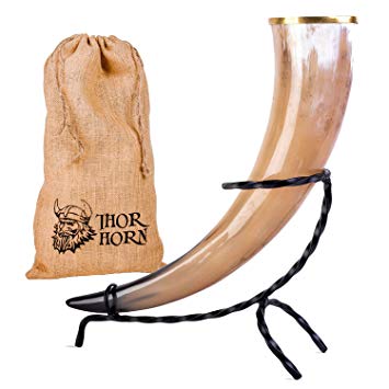 Thor Horn Large Viking Drinking Horn with Metal Stand - Genuine Handcrafted Viking Horn Cup for Mead, Ale and Beer - Original Medieval 20 oz Mug and Burlap Gift Sack (Metal Stand)