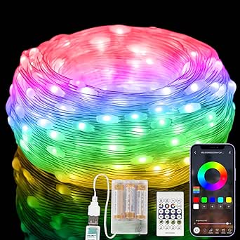 RGB-IC Smart String Lights 16FT/5M [APP & Remote Control], 50 LEDs Battery Operated Fairy Lights, Music/Voice Sync, Waterproof Fairy String Lights for Wedding, Party, DIY (Battery Included)