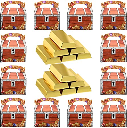 24 Pieces Pirate Party Supplies 12 Pirate Treasure Chests Candy Boxes 12 Shiny Gold Bar Paper Treat Boxes for Halloween supplies Treasure Hunt Theme Kids Birthday Western Casino Party Decoration