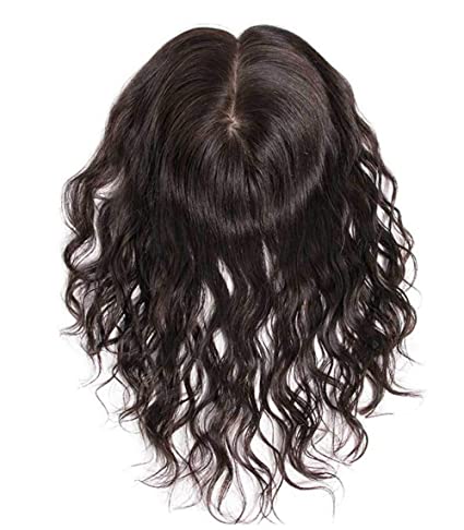 Natural Curly Human Hair Secret Crown Toppers with Clip in, 5.5" x 5.5" Silk Base Top Hair Pieces for Women with Hair Loss, 8" Natural Black