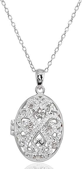 Sterling Silver Polished Diamond-Cut Oval Filigree Picture Locket Necklace