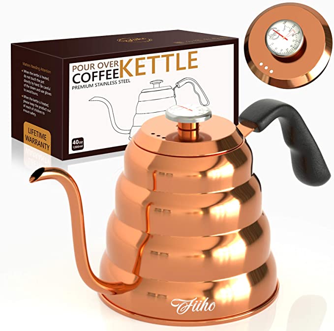 FIIHO Gooseneck Kettle - Coffee Pour Over Kettle 40oz Tea Stainless and Thermometer Three Floors Bottom Design Used for Induction and all Stovetops