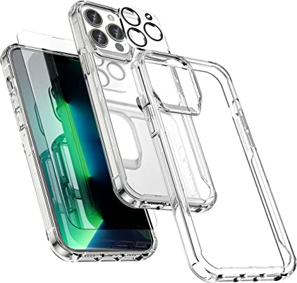 ORETECH Compatible for iPhone 13 Pro Max Case with 2 Tempered Glass and 1 Back Camera Protector,Soft TPU Silicone Frame Anti Scratch Hard PC Back Case for iPhone 13 Pro Max Cover 6.7" Clear