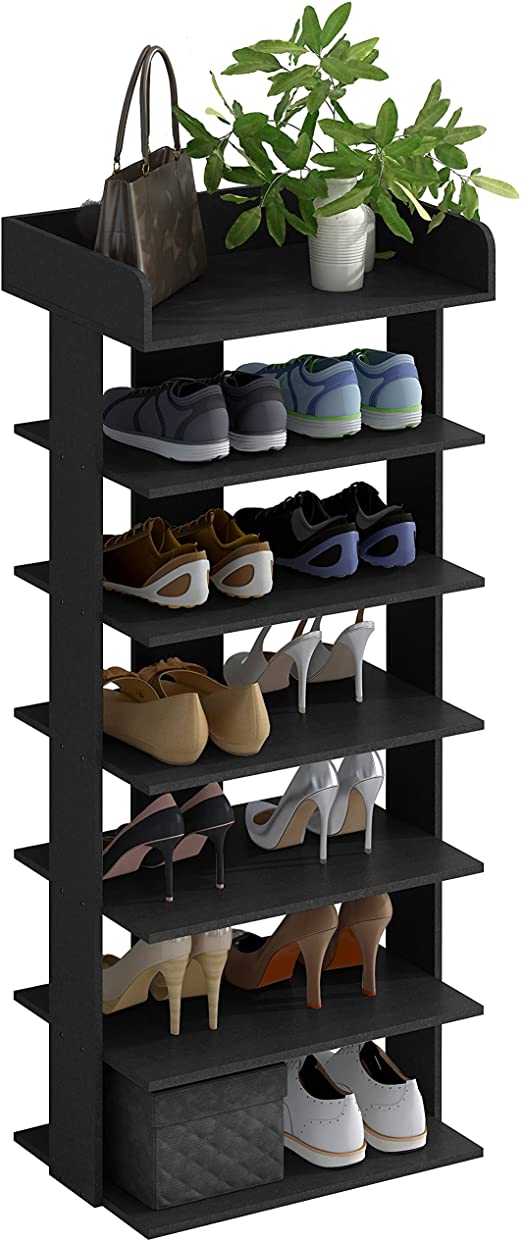 4NM 6 Tiers Wooden Shoes Racks, Vertical Shoe Rack for Entryway, Shoes Storage Stand, Home Storage Shelf Organizer, Fits 12 Pairs of Shoes (Black)
