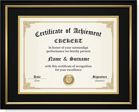 CREKERT Diploma Frame 11x14 Picture Frame Solid Wood Shatter-Resistant Glass for Documents Certificate Blackgold Frame 8.5x11 with Mat (Black Mat, 1 Pack)
