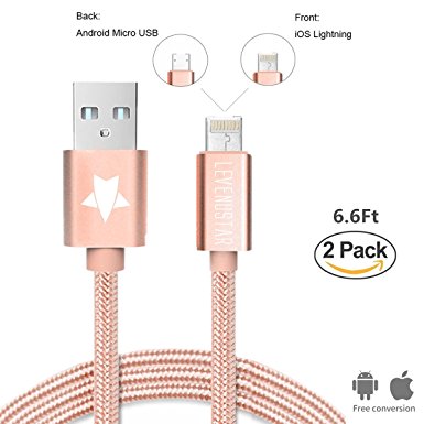 Lightning Cable, LeVenustar Reversible 2 in 1 Dual-Side Lightning & Micro USB Nylon Braided Sync Data Charging Cable Cord for iPhone 6s plus/5s, iPad, Samsung Galaxy/S7edge 6.6ft 2Pack Rose Gold