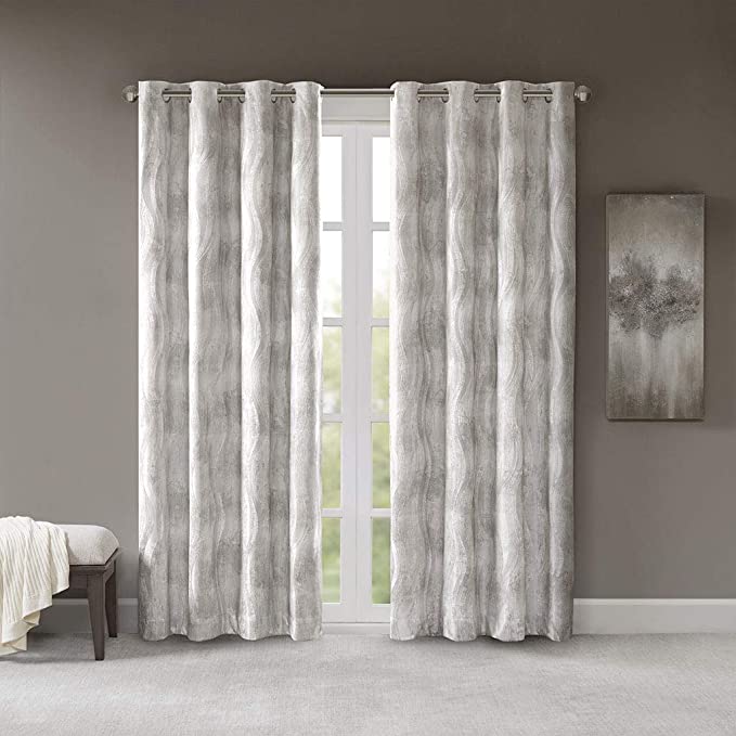 SUNSMART Total Blackout Victorio Printed Jacquard Grommet Top Window Curtain Panel Thermal Insulated Light Blocking Drape for Bedroom Living Room and Dorm, 50x108, Grey