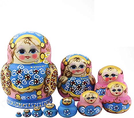 Moonmo 10pcs Beautiful Handmade Wooden Russia Nesting Dolls Gift Russian Nesting Wishing Dolls Pink And Blue Pattern Matryoshka Traditional.