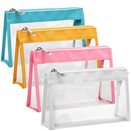Clear Cosmetic Bag, iSPECLE 4 Pack Clear Toiletry Bag for Cosmetics, Travel, Women, Girls White Yellow Pink Light Blue