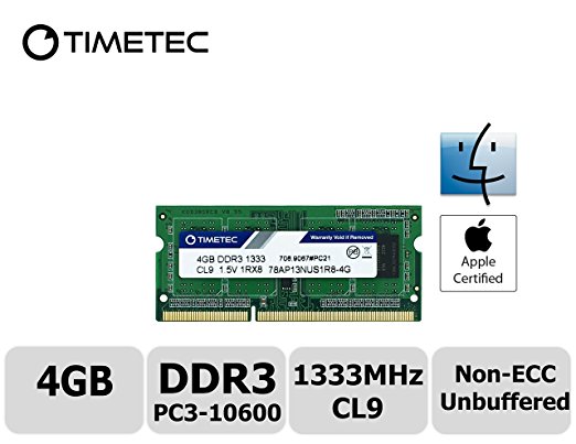 Timetec Hynix IC Apple 4GB DDR3 1333MHz PC3-10600 SODIMM Memory upgrade For MacBook Pro 13/15/17 inch Early/Late 2011,iMac 21.5-inch Mid/Late 2011,27-inch Mid 2011,Mac mini 5,1 & 5,2 Mid 2011 (High Density 4GB)
