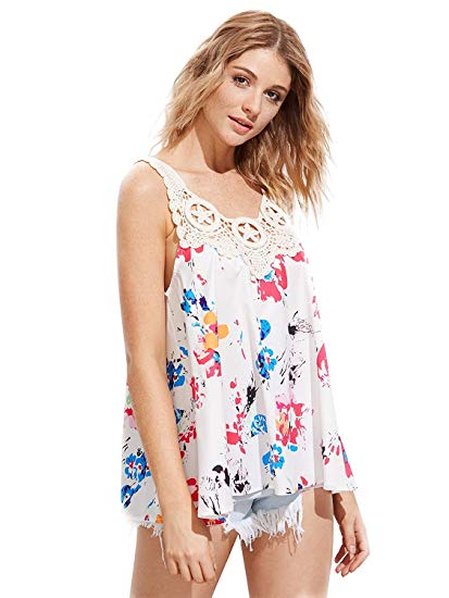 Romwe Women's Floral Print Sleeveless Casual Cut Out Backless Cami Tank Top