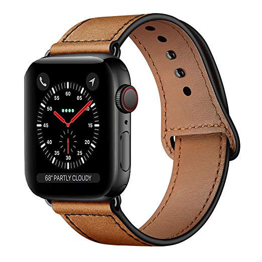 KYISGOS Compatible with iWatch Band 44mm 42mm, Genuine Leather Replacement Band Strap Compatible with Apple Watch Series 5 4 3 2 1 42mm 44mm, Retro Camel Brown