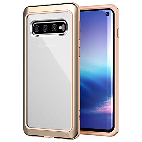 ZUSLAB Designed Clear for Samsung Galaxy S10 Case with Aluminum   TPU Bumper and Transparent Back Cover for S10 Phone Case - Beige & Gold