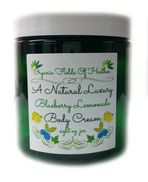 Luxury Organic and Natural Body Cream - Sweet BlueBerry Lemonade Scent - NOW 8 Ounce Jar - Will not dry out your skin or leave a long lasting oily residue Will heal damaged skin - Natural vitamin content - NO Sulfates Pthalates Parabens Or Dyes