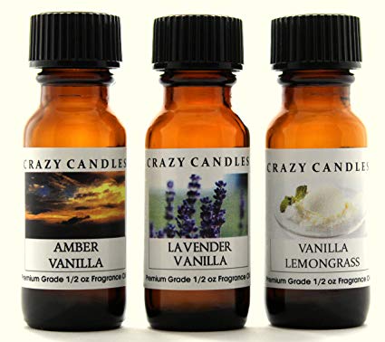 Crazy Candles 3 Bottles Set, 1 Amber Vanilla, 1 Lavender Vanilla, 1 Vanilla Lemongrass 1/2 Fl Oz Each (15ml) Premium Grade Scented Fragrance Oils By