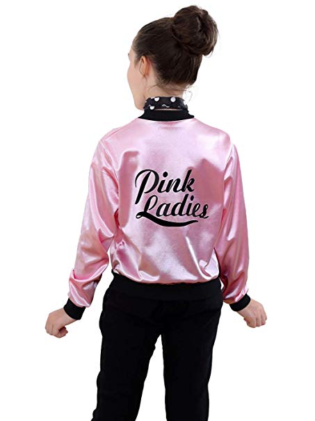 NEWCOS Pink Ladies Jacket for Child 50S T Bird Danny Pink Satin Jacket Halloween Costumes Little Girls' Coat Size 6-14
