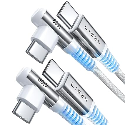 LISEN USBC to USBC Cable [60W 2-Pack, 6.6FT] USB C Charger Cable iPhone 15 Pro Max, Right Angle C Charger Cable Fast Charging for Samsung S23 S22 S21, iPad Mini/Air, MacBook Pro 2020,Switch