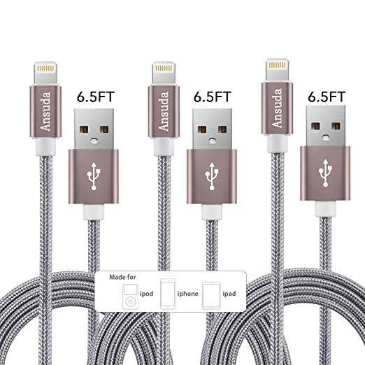 iPhone Cable,3 Pack 6.5ft Lightning Cable Braided Nylon lines, Ansuda Charging Cable Cords for iPhone 7 / 7 Plus / 6s / 6s Plus / 6 / 6 Plus / 5 / 5s / 5c, iPad mini / Air / Pro iPod touch (gray)