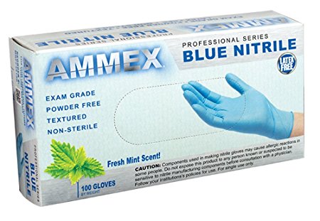 AMMEX - MNPF40100 - Nitrile Gloves - Medical Grade, Powder Free, Latex Rubber Free, Disposable, Non Sterile, 4 Mil, Mint Scented, Exam Gloves, Food Safe, Textured, Blue, Extra Small (Case of 400)