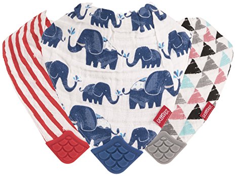 Nuby Reversible 100% Natural Cotton Muslin 3 Piece Teething Bib, Grey/Red/Blue, Arrows/Red Stripes/Elephants