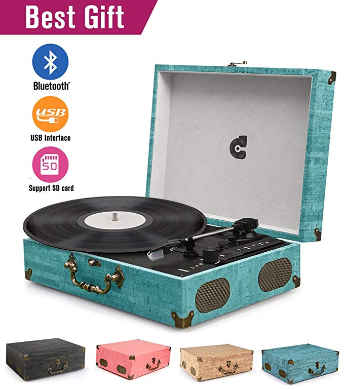 CMC Portable Bluetooth 3 Stereo Speed Turntable with Built in Speakers, Vintage Style Vinyl Record Player, Sky Blue