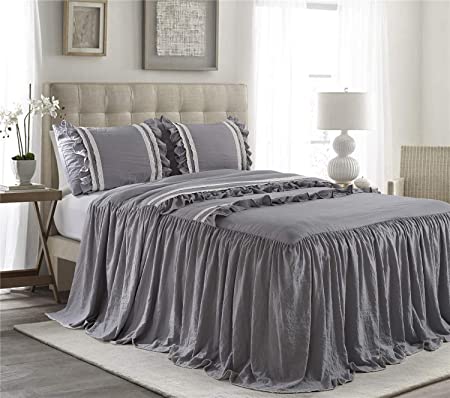 HIG 3 Piece Ruffle Skirt Bedspread Set King-Gray Color 30 inches Drop Ruffled Style Bed Skirt Coverlets Bedspreads Dust Ruffles- Emma Bedding Collections King Size-1 Bedspread, 2 Standard Shams