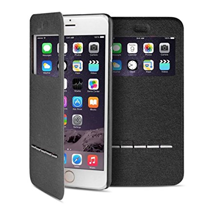 TNP iPhone 6s Case (Black) - Slim Fit Synthetic Leather Smart Window View Metal Front Flip Cover Stand Folio Case for Apple iPhone 6 and iPhone 6S 4.7" Devices