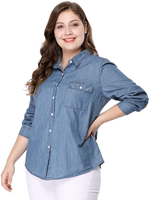 Agnes Orinda Women's Plus Size Long Sleeve Chest Pocket Chambray Shirt