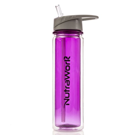 NutraWork BEST Insulated Plastic Water Bottle With Straw BPA FREE Double Wall Vacuum Sealed- DOES NOT SWEAT- Purple 20oz Flip Top Wide Mouth Design and Made of Tritan Material 100% SATISFACTION
