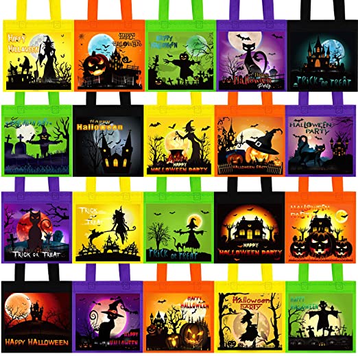 Cooraby 20 Packs Non-woven Bags 20 Halloween Designs Trick Bags Halloween Candy Bags Halloween Party Favors Bags Trick or Treat Bags, 8 x 8 Inches