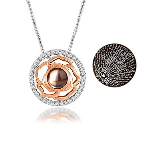 Thehorae Rose Flower Pendant Necklace I Love You in 100 Languages Necklace Rose Gold Jewelry for Women, Mother's Day