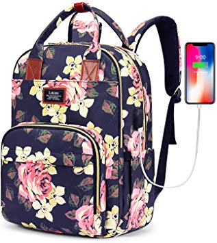 SOCKO Laptop Backpack for Women Floral Hiking Backpack Nylon Travel Backpack with USB Charging Port Water-Resistant School Backpack Fits 15.6 Inches Laptop (Peony Flower)