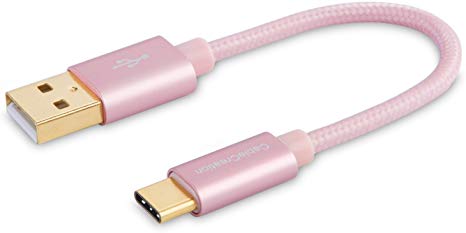 Short USB C Cable 0.8ft 0.25m, CableCreation Braided USB C to A Cable 3A Fast Charge and 480Mbps Data, Compatible with New MacBook(Pro), Google Pixel 3XL, Galaxy S10 S9, Rose Gold [56K Ohm Resistor]