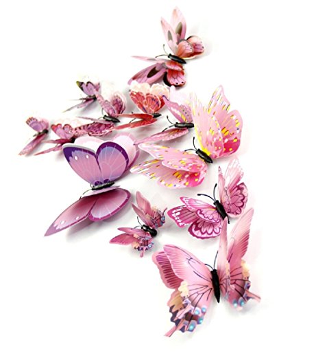 DaGou mixed of 12PCS 3D Pink Butterfly Wall Stickers Decor Art Decorations