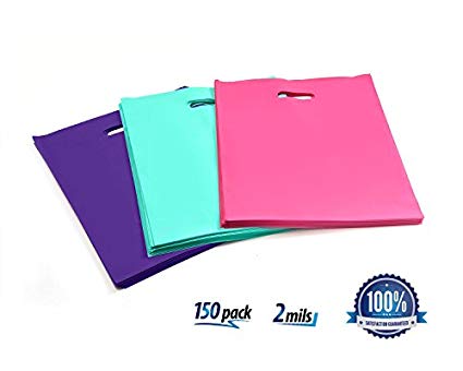 150 Merchandise Bags, EXTRA THICK 2 Mils shopping bags, 12" x 15", Glossy Plastic /Pink /Purple/Teal - Recyclable with Die Cut Handles, Foldable, Reusable, Ideal for T-shirts, Retail, Grocery