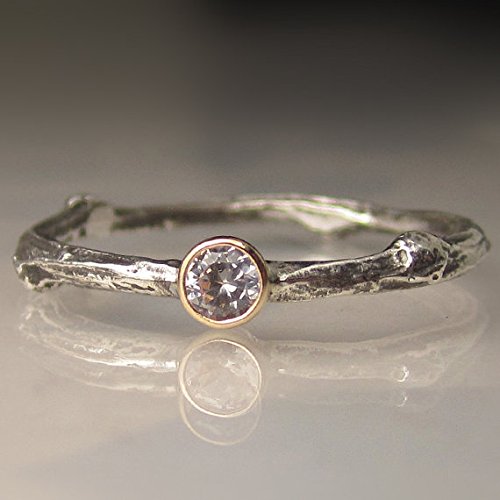 White Sapphire Twig Ring, 14k Yelllow Gold and Oxidized Sterling Silver Sapphire Engagement Ring