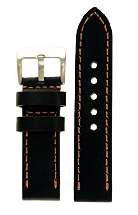 Panerai Style Thick Full Grain Leather Watch Band 22mm Wide, Black With Brown Stitch, With Heavy Stainless Steel Buckle - by JP Leatherworks