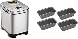 Cuisinart Bread Maker Machine, Compact and Automatic, Customizable Settings, Up to 2lb Loaves, CBK-110P1, Silver,Black & CMBM-4LP Mini Loaf Pan (Set of 4)