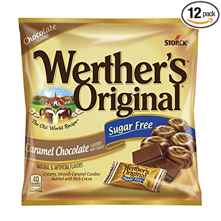 WERTHER'S ORIGINAL Sugar Free Caramel Chocolate Hard Candy, Sugar Free Candy, Bulk Candy, Caramel Candy, Individually Wrapped Candy, Low Carb Candy, 2.35 Ounce Bags (Pack of 12)