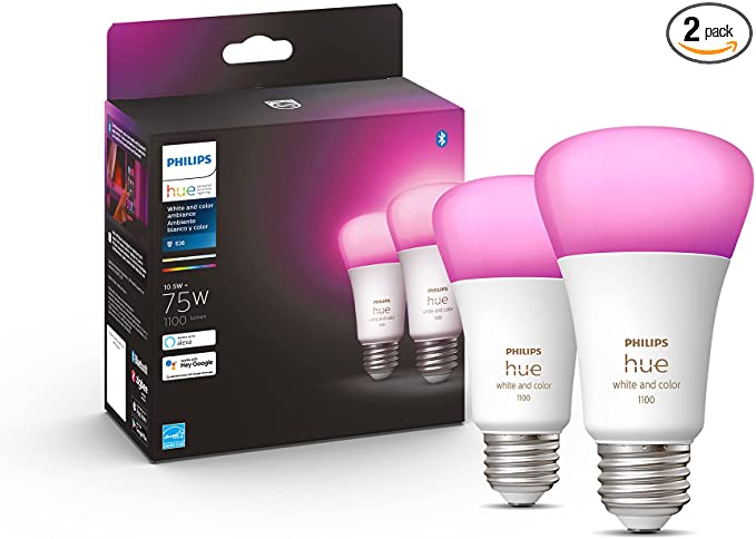 Philips Hue 2-Pack White and Color A19 Medium Lumen Smart Bulb, 1100 Lumens, Bluetooth & Zigbee Compatible (Hue Hub Optional), Compatible with Alexa & Google Assistant